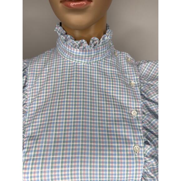 Vintage 1980s Stuart Lang Ruffle blue white Plaid High Neck Prairie Blouse small - Picture 10 of 16